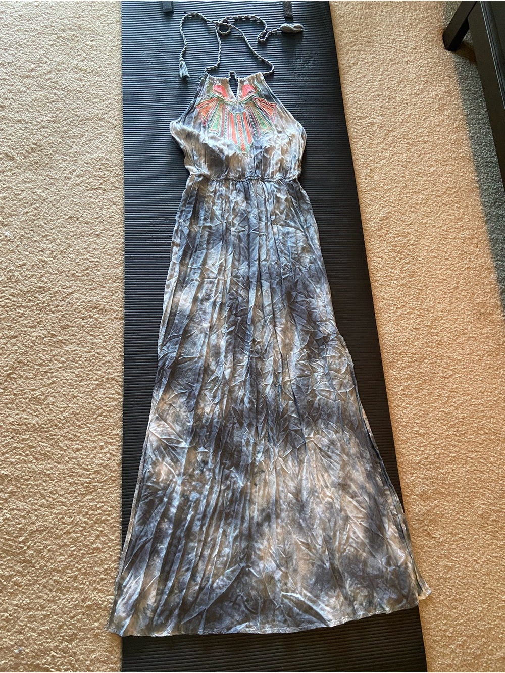 Flying Tomato Blue Tie-Dye Halter Maxi with Coral Embroidery